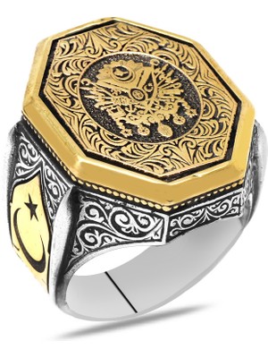 Tesbihname Ayyıldız Detaylı Osmanlı Arma Motifli 925 Ayar Gümüş Erkek Yüzük