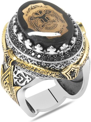 Tesbihname Siyah Sıkma Kehribar Taş Üzeri Kartal Desenli 925 Ayar Gümüş Erkek Yüzük