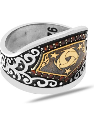 Tesbihname Siyah Zirkon Taş Mıhlamalı Teşkîlât-I Mahsûsa Motifli 925 Ayar Gümüş Okçu (Zihgir) Yüzüğü