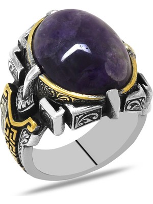 Tesbihname Ametist Taşlı Kalem Işçilik Tasarım 925 Ayar Gümüş Erkek Yüzük