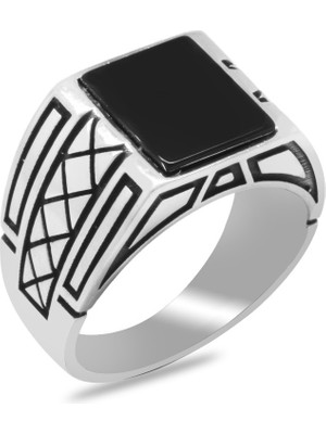 Tesbihname Kare Tasarım Siyah Oniks Taşlı x Detaylı 925 Ayar Gümüş Erkek Yüzük