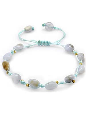 Gümüş Hediye Al Makrome Örgülü Naturel Kesim Dorika Top Detaylı Kalsedon Doğaltaş Kadın Bileklik