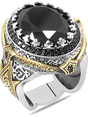 Gümüş Hediye Al Faset Kesim Siyah Zirkon Taşlı Kral Tacı Tasarım 925 Ayar Gümüş Erkek Yüzük