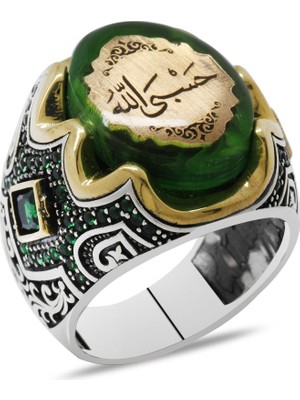 Gümüş Hediye Al Yeşil Kehribar Üzerine Hüsn-I Hat Hasbiyallah Yazılı 925 Ayar Gümüş Erkek Yüzük
