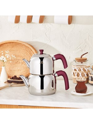 Karaca Alder İndüksiyon Tabanlı Midi Çaydanlık Takımı Mürdüm Paslanmaz Çelik 1,35 Litre Demlik