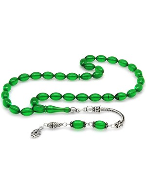 Ergenekon Aksesuar 925 Ayar Gümüş Püsküllü Arpa Kesim Yeşil Ateş Kehribar Tesbih