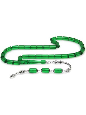 Ergenekon Aksesuar 925 Ayar Gümüş Püsküllü Kesme Kesim Yeşil Ateş Kehribar Tesbih