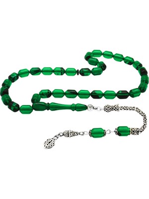 Ergenekon Aksesuar 925 Ayar Gümüş Kral Püsküllü Uçlu Kapsül Kesim Yeşil-Siyah Ateş Kehribar Tesbih