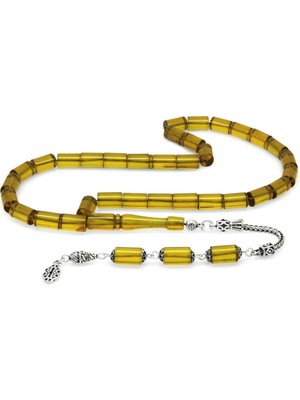 Ergenekon Aksesuar 925 Ayar Gümüş Püsküllü Kesme Kesim Sarı Ateş Kehribar Tesbih