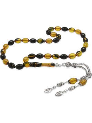 Ergenekon Aksesuar 925 Ayar Gümüş Çift Püsküllü Arpa Kesim Sarı-Siyah Ateş Kehribar Tesbih