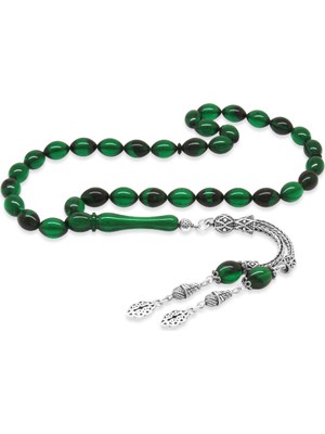 Ergenekon Aksesuar 925 Ayar Gümüş Çift Püsküllü Arpa Kesim Yeşil-Siyah Ateş Kehribar Tesbih