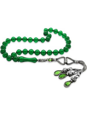 Ergenekon Aksesuar 1000 Ayar Gümüş Kazaz Püsküllü Istanbul Kesim Yeşil Ateş Kehribar Tesbih