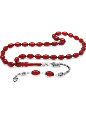 Ergenekon Aksesuar 925 Ayar Gümüş Püsküllü Arpa Kesim Bayrak Kırmızısı Ateş Kehribar Tesbih