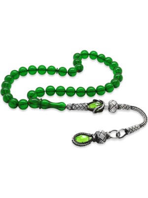 Ergenekon Aksesuar 1000 Ayar Gümüş Kazaz Püsküllü Küre Kesim Yeşil Ateş Kehribar Tesbih