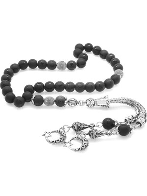 Tesbihane Kararmaz Metal Ayyıldız Püsküllü Küre Kesim Ayyıldız Desenli Oniks Doğaltaş Tesbih