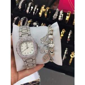 Masalsı Concept Yeni Model Swarovski Taşlı Çelik Kol Saati ve Pandora Bileklik Lüks Hediye Seti Sevgiliye Hediye