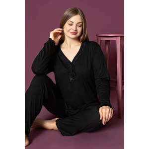 Kadın Siyah Büyük Beden Yakası Düğmeli Uzun Kollu Bambu Pijama Takımı