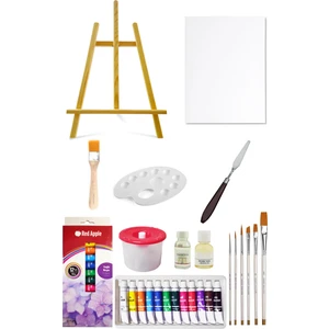 Nova Color Mini Şövale Seti 38 cm Red Apple Tüp Yağlı Boya Seti 12 ml 12'li 25X35 Tuval Seti Metal Spatül