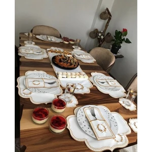 Bonny Home Başak Krem Gold 8 Kişilik 25 Parça Amerikan Servis ve Runner Seti Nakışlı Deri Yemek Sunum Takımı