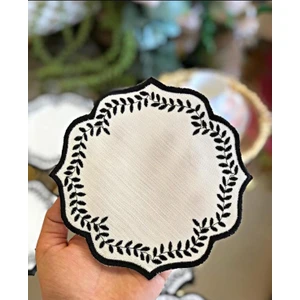 Bonny Home Yuvarlak Siyah 6'lı Linen Keten Kahve Yanı Kokteyl Sunum Parti Peçetesi Nakış Işlemeli Sunumluk