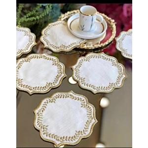 Bonny Home Yuvarlak Gold 6'lı Linen Keten Kahve Yanı Kokteyl Sunum Parti Peçetesi Nakış Işlemeli Sunumluk