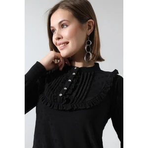 Negro Kadın Hakim Yaka Fırfır Detay Nervürlü Düğmeli Örme Jakar Esnek Penye Uzun Kollu Bluz & Tesettür Bluz - Siyah