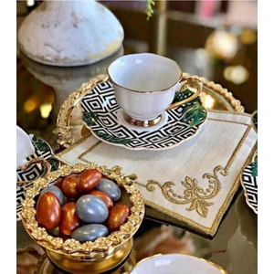 Bonny Home Köşeli Gold 6'lı Linen Keten Kahve Yanı Kokteyl Sunum Parti Peçetesi Nakış Işlemeli Sunumluk