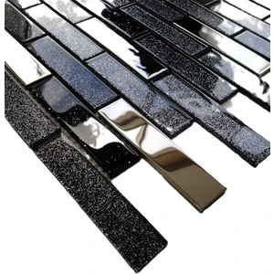 Mutfak Tezgah Arası ve Iç Dekorasyon Için 23X98X4 mm Simli Siyah ve Gümüş Krom Mix. Kristal Cam Mozaik