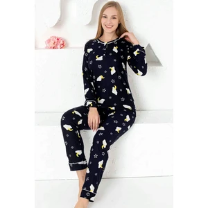 Kadın Lacivert Bulut Desenli Uzun Kollu Süper Soft Süet Likralı Kışlık Pijama Takımı EDY2772UK-L