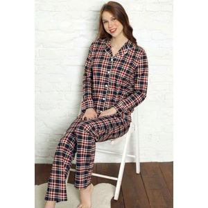Kadın Kareli Boydan Düğmeli Gömlek Yaka Uzun Kollu Likralı Kışlık Pijama Takımı EDY2699UK