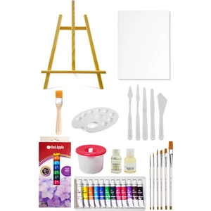 Mini Şövale Seti Red Apple Tüp Yağlı Boya Seti 12'li Plastik Spatula Seti 25X35 Tuval Seti