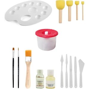 Palet Ponpon Fırça Düz Yuvarlak Fırça Resim Yağı Terebentin Su Kabı Plastik Spatula Seti Zemin Fırça