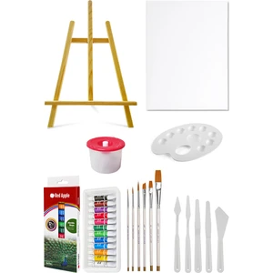 Masaüstü Şövale Red Apple Akrilik Boya Seti 9 ml 12'li Tuval Seti 35X50 Plastik Spatula Seti