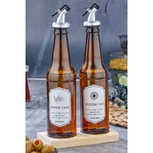Efsoon Organics Ahşap Standlı Akıtmalı Kapak 2'li Zeytinyağı Sıvıyağ Şişesi Cam Yağdanlık 350 ml