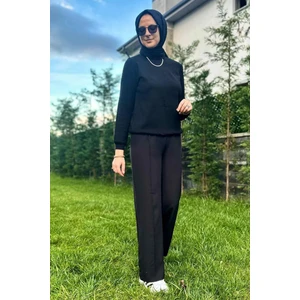 Rabia Şamlı Siyah Nervürlü Bol Paça Pantolon