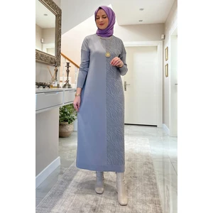 Rabia Şamlı Zebra Desen Triko Elbise Gri