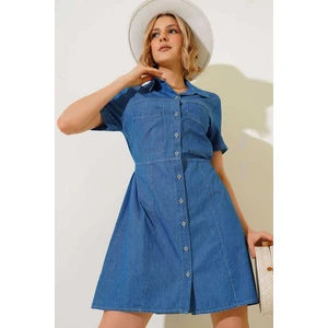 Bayan Önü Düğmeli Çift Cepli Kısa Kol Denim Elbise RD24YB112433