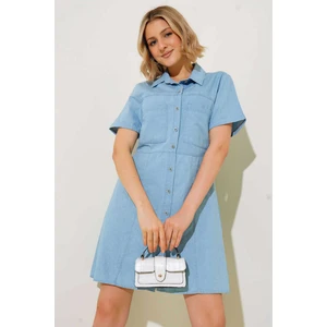 Bayan Önü Düğmeli Çift Cepli Kısa Kol Denim Elbise RD24YB112433