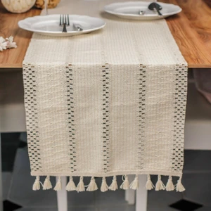 Tropik Home Pamuk Örme Püsküllü Dantel Runner Organik Pamuk Runner  35X145 cm Runner Sunum Örtüsü