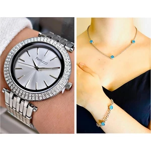 Taşlı Büyük Kasa Çelik Su Geçirmez Kadın Kol Saat+Nazarlıklı Takı Set