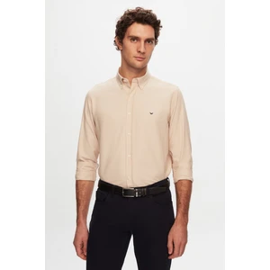 Slim Fit Ekru Oxford Düğmeli Yaka Kolay Ütülenebilir Nakış Detaylı Pamuklu Gömlek 4HC02ORT03265