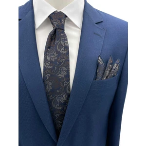 Lacivert Kahve Bej Motif Desen Kravat Mendil Set