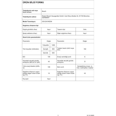 Bosch GSV24VWE0N E Enerji Sınıfı 183 Lt 6 Çekmeceli Dikey Fiyatı