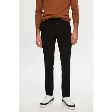 D'S Damat Slim Fit Siyah Beli Lastikli Bağcıklı Fermuarlı Likralı Rahat Jogger Pantolon