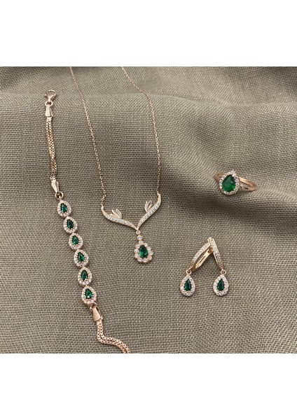 Inure Jewelry Sılver Zirkon Taşlı Yeşil Taş Damla Model Gümüş Set 925 Ayar Gümüş Kolye&bileklik&küpe&yüzük