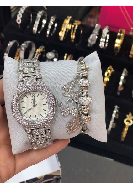 Yeni Model Swarovski Taşlı Çelik Kol Saati ve Pandora Bileklik Lüks Hediye Seti Sevgiliye Hediye