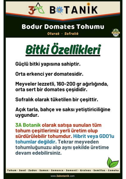 3A Botanik Bodur Domates Tohumu, Yerli ve Sürdürülebilir Tohum, 3 Gram Domates Tohumu