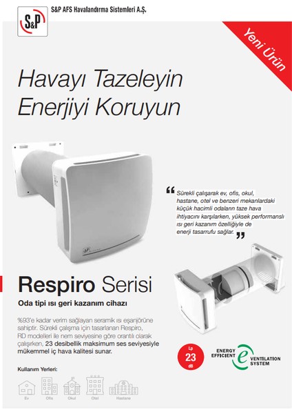 Respıro Serisi Oda Tipi Isı ve Enerji Geri Kazanım Cihazı Respiro-150