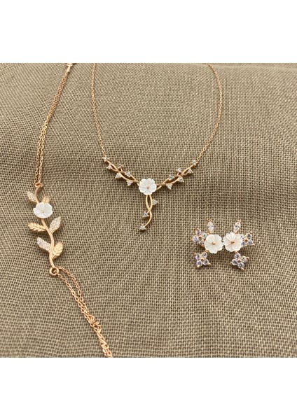 Inure Jewelry Sılver Manolya Model 2 925 Ayar Rose Gümüş Set 925 Ayar Gümüş Kolye & Bileklik & Küpe