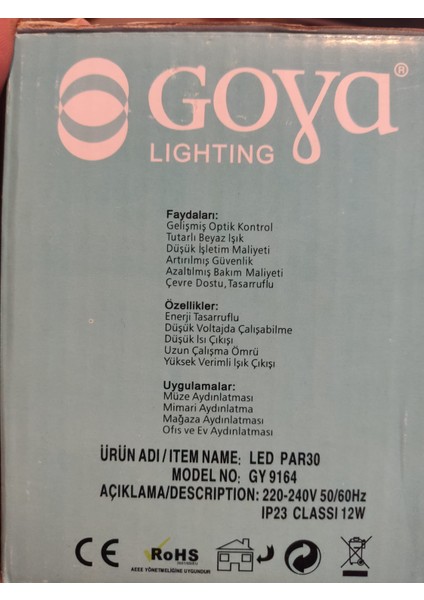 PAR30 E27 Spot Ampul Beyaz Işık Goya 6500K 12 Watt GY91646